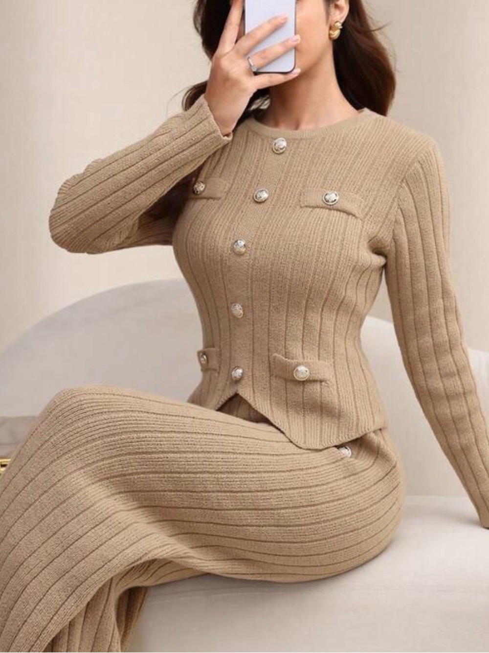 Ribbed Camel Knit Two-Piece Set with Decorative Buttons